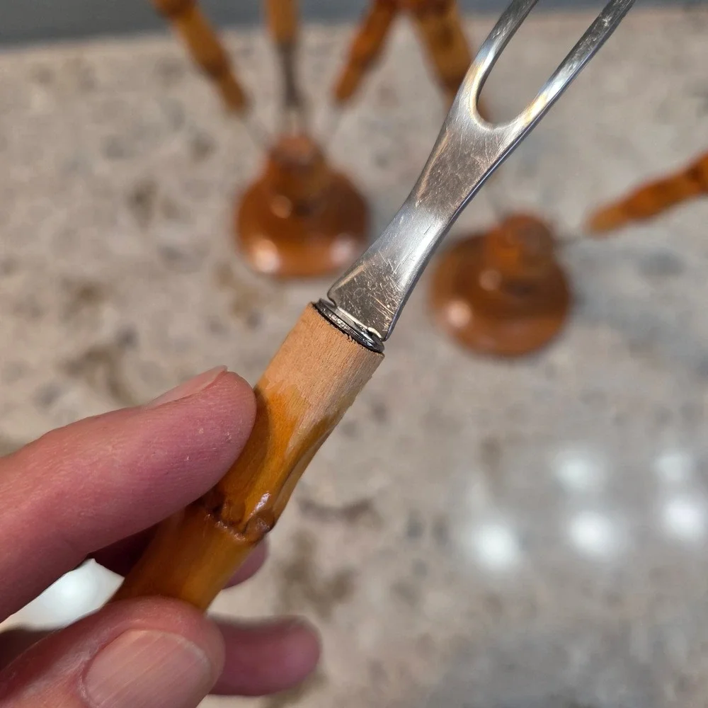Vintage Heinz Reiffig Leipzig Bamboo Style Cocktail Pick Set Wood Base 6 Forks